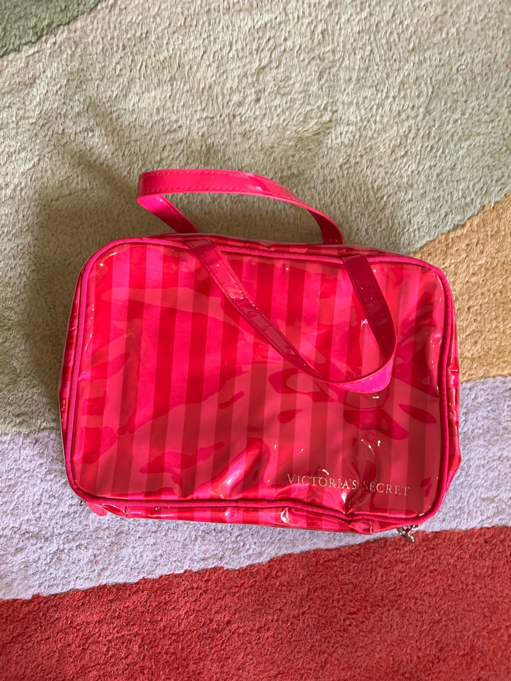 Victoria's Secret Hot Pink Glossy Striped Cosmetic Bag
